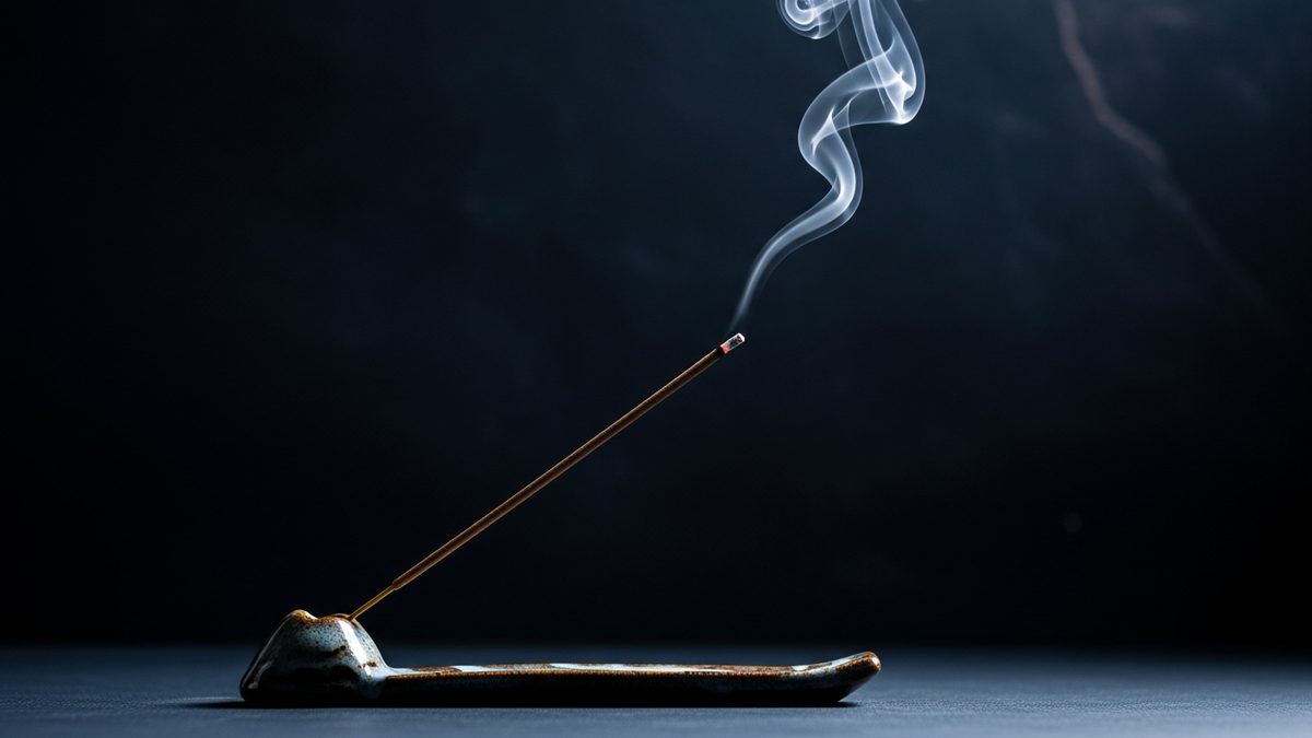Brûle-encens japonais en céramique avec bâton d'encens et fumée, ambiance méditative