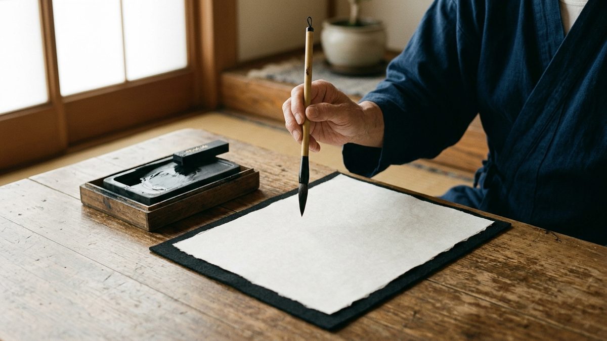 Écrire son prénom en japonais : main calligraphiant au pinceau sur papier washi