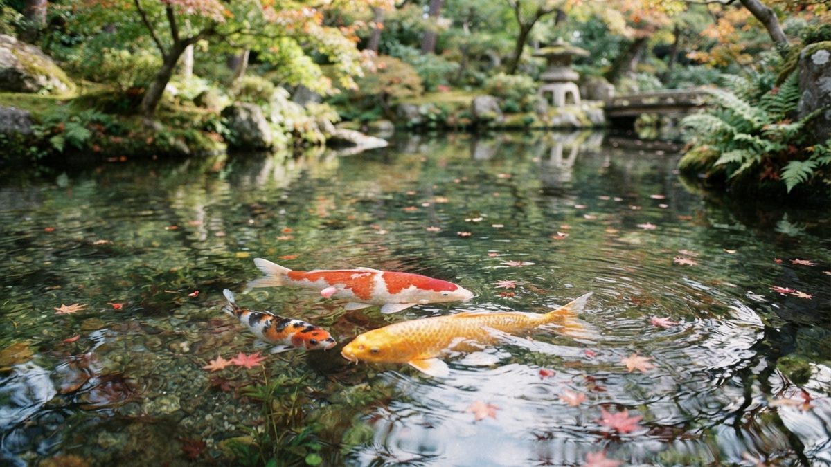 Carpes koi colorees nageant dans l'etang d'un jardin japonais