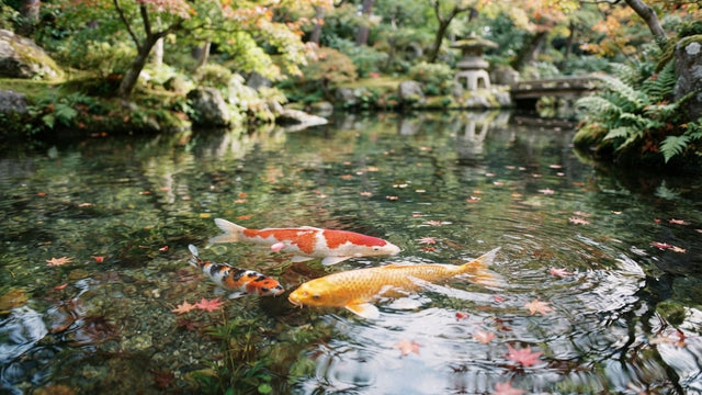 Carpes koi colorees nageant dans l'etang d'un jardin japonais
