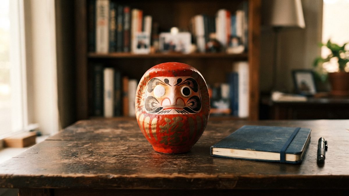 Daruma rouge avec un seul oeil peint pose sur un bureau a cote d'un carnet