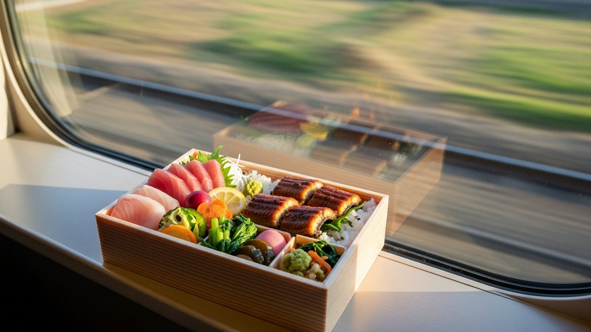 Ekiben bento japonais posé sur un siège de Shinkansen avec vue sur la campagne