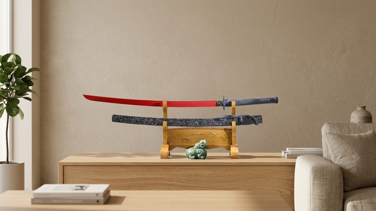 Katana decoratif en bambou Yomoya Japon sur son support pose sur une console en bois dans un salon