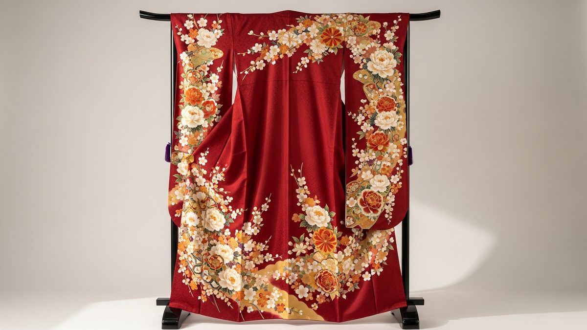 Furisode kimono japonais aux longues manches ornées de motifs floraux rouge et or exposé sur fond neutre
