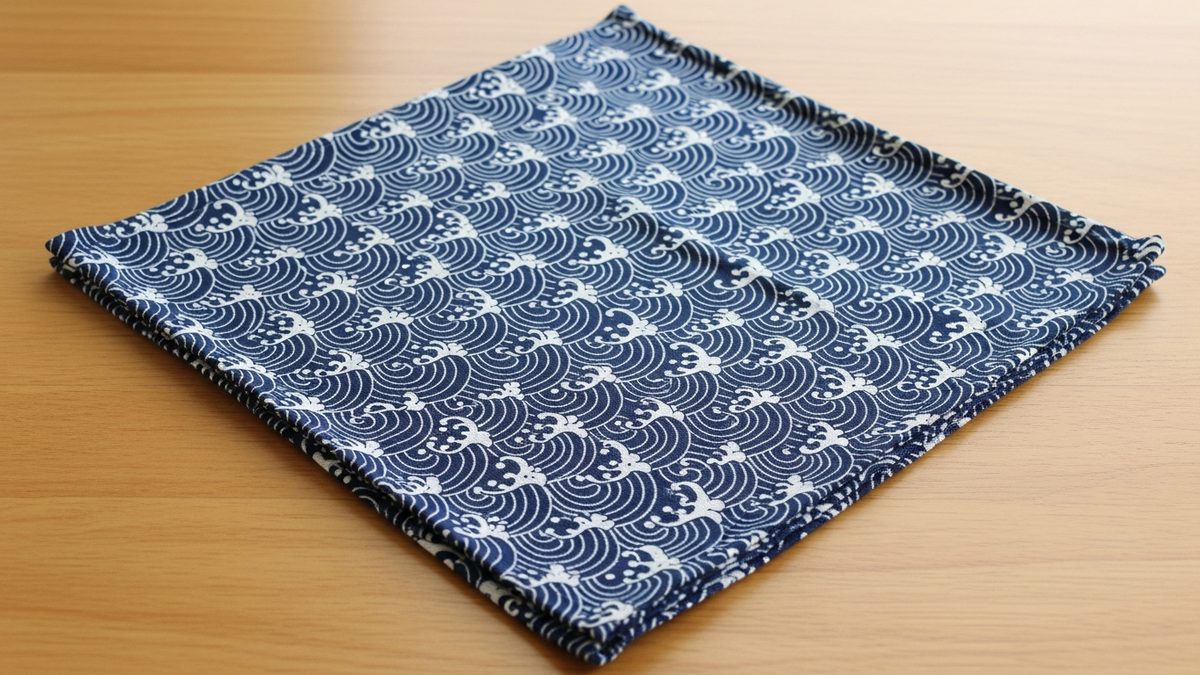 Furoshiki japonais en tissu indigo à motif vagues traditionnel, plié sur surface en bois clair