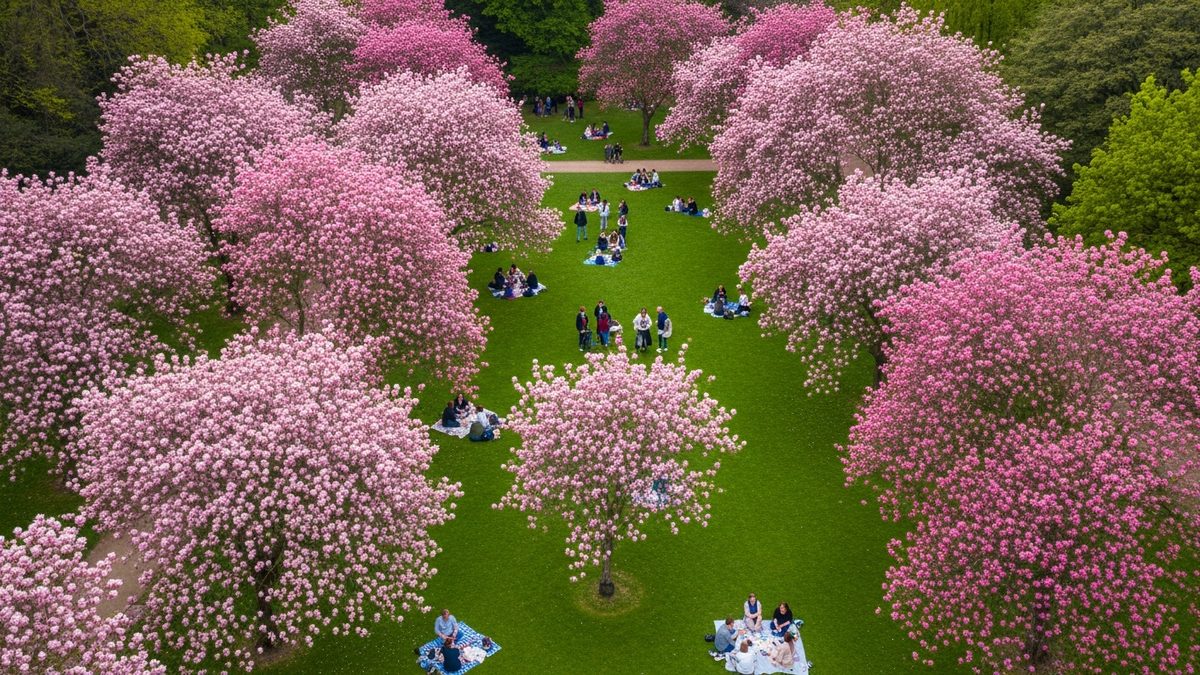 Cerisiers japonais en fleurs dans un parc francais au printemps 2026