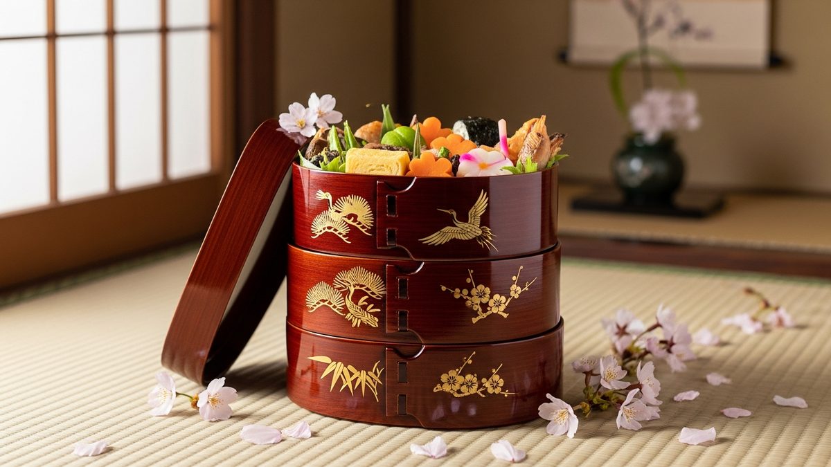 Bento japonais traditionnel en bois laqué de style ancien posé sur un tatami avec pétales de cerisier