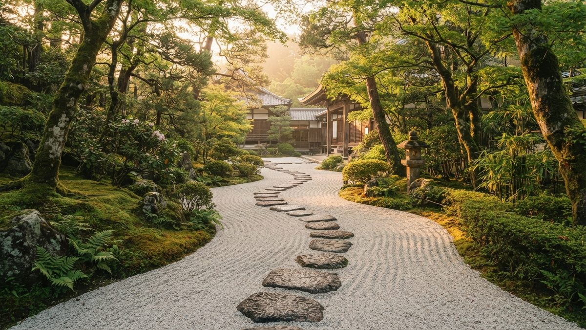 Chemin de pierre dans un jardin de temple japonais au lever du soleil