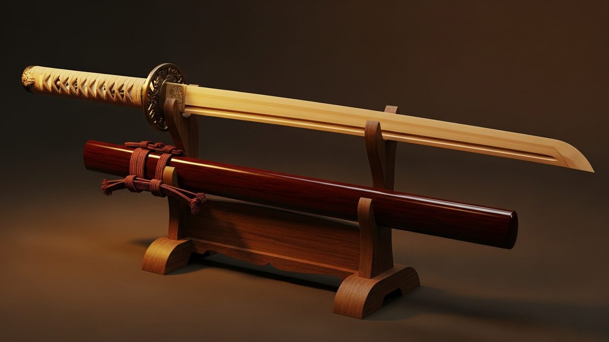 Katana décoratif japonais en bambou posé sur support en bois, guide pour choisir son sabre décoratif