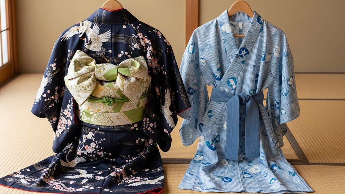 Kimono en soie et yukata en coton côte à côte, comparaison des vêtements traditionnels japonais