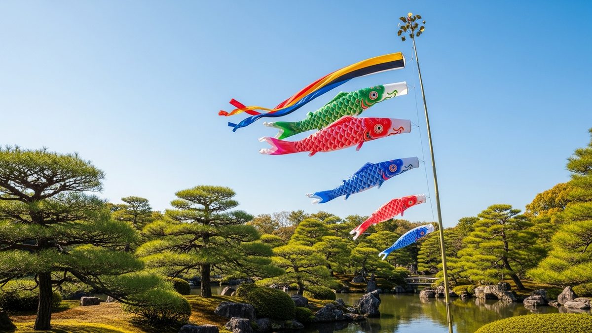 Koinobori, carpes-drapeau japonaises colorées sur bambou dans un jardin japonais au printemps