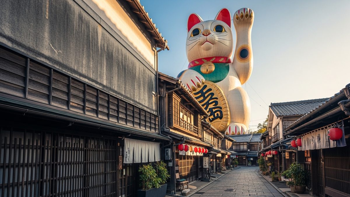 Grande statue de Maneki Neko géant célèbre dans une rue traditionnelle japonaise