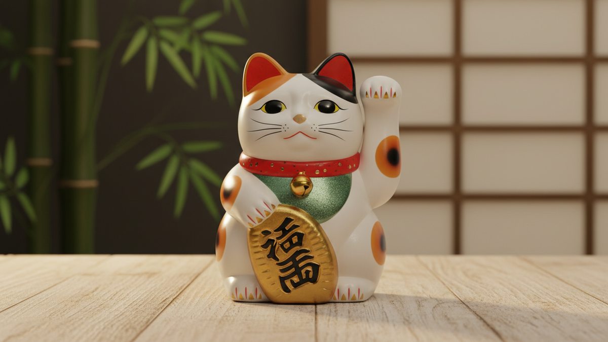 Maneki Neko blanc positionné selon les principes du Feng Shui à l'entrée