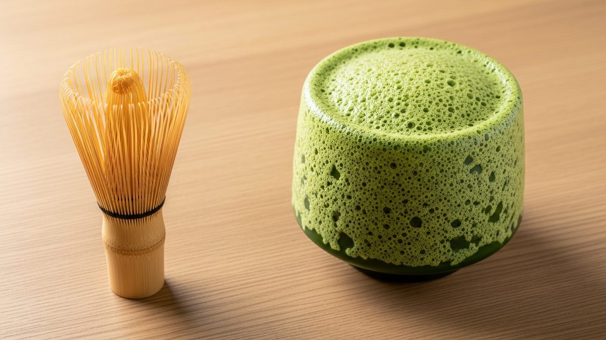 Bol de matcha japonais vert vif avec fouet chasen en bambou