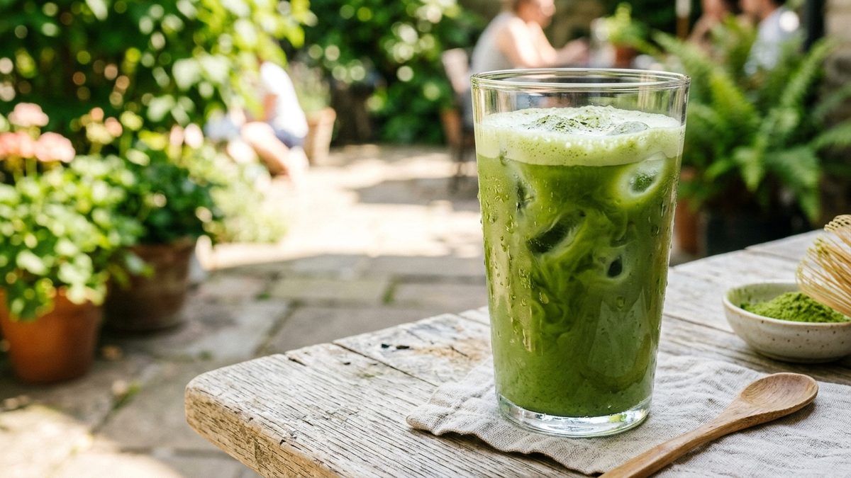 Matcha glacé maison dans un grand verre avec glaçons, la boisson japonaise de l'été