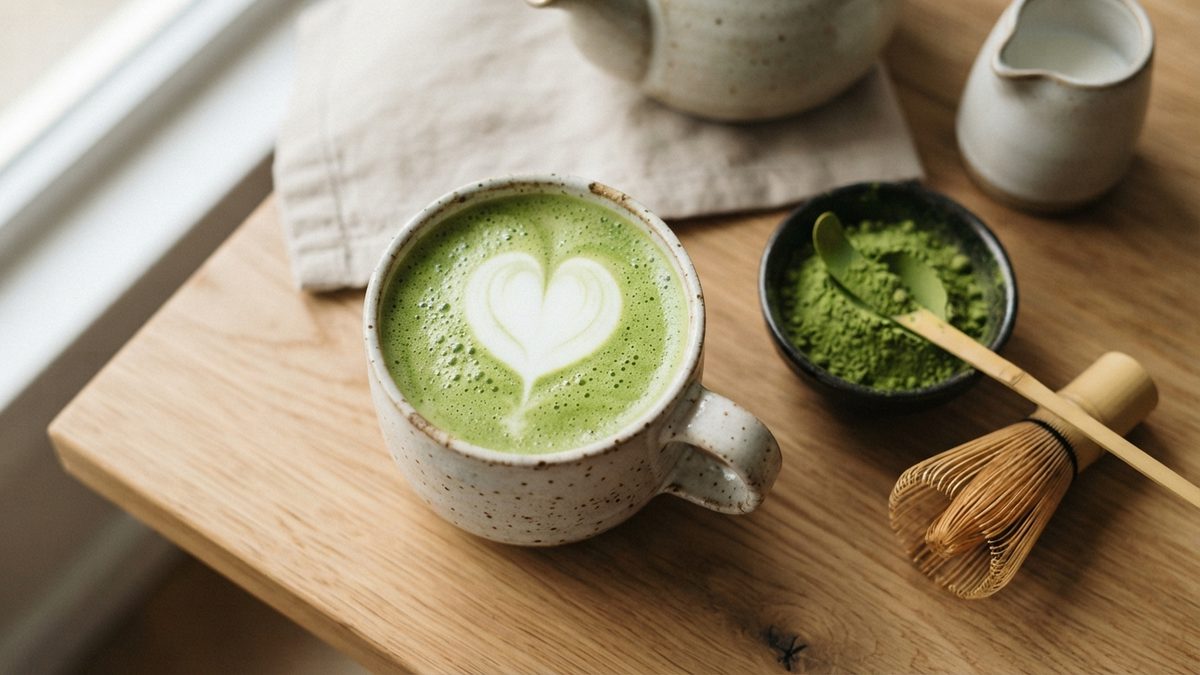 Matcha latte maison avec latte art dans une tasse en céramique, fouet chasen et poudre de matcha