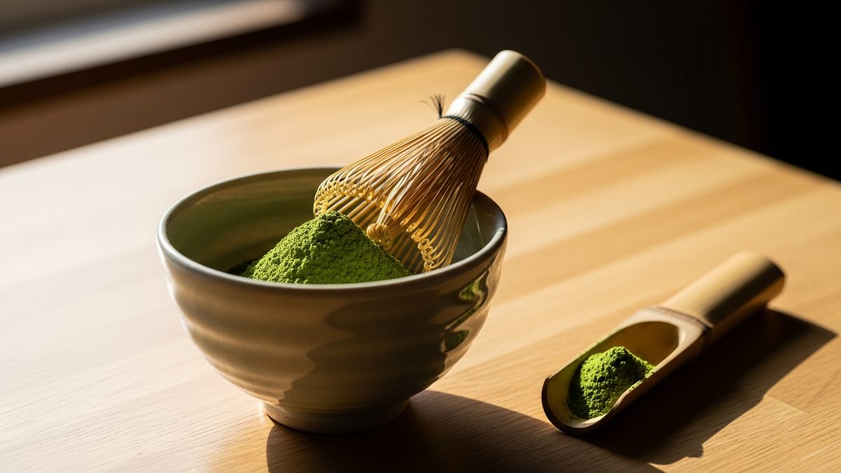 Préparation du matcha japonais avec chasen et chawan