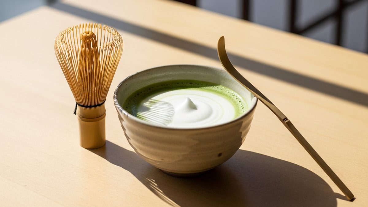 Bol chawan avec matcha mousseux et ustensiles traditionnels japonais