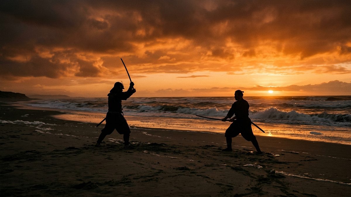Duel de samouraïs au coucher du soleil, comme Musashi et Kojiro à Ganryujima