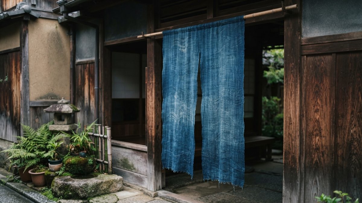 Noren japonais indigo suspendu à l'entrée d'une maison traditionnelle