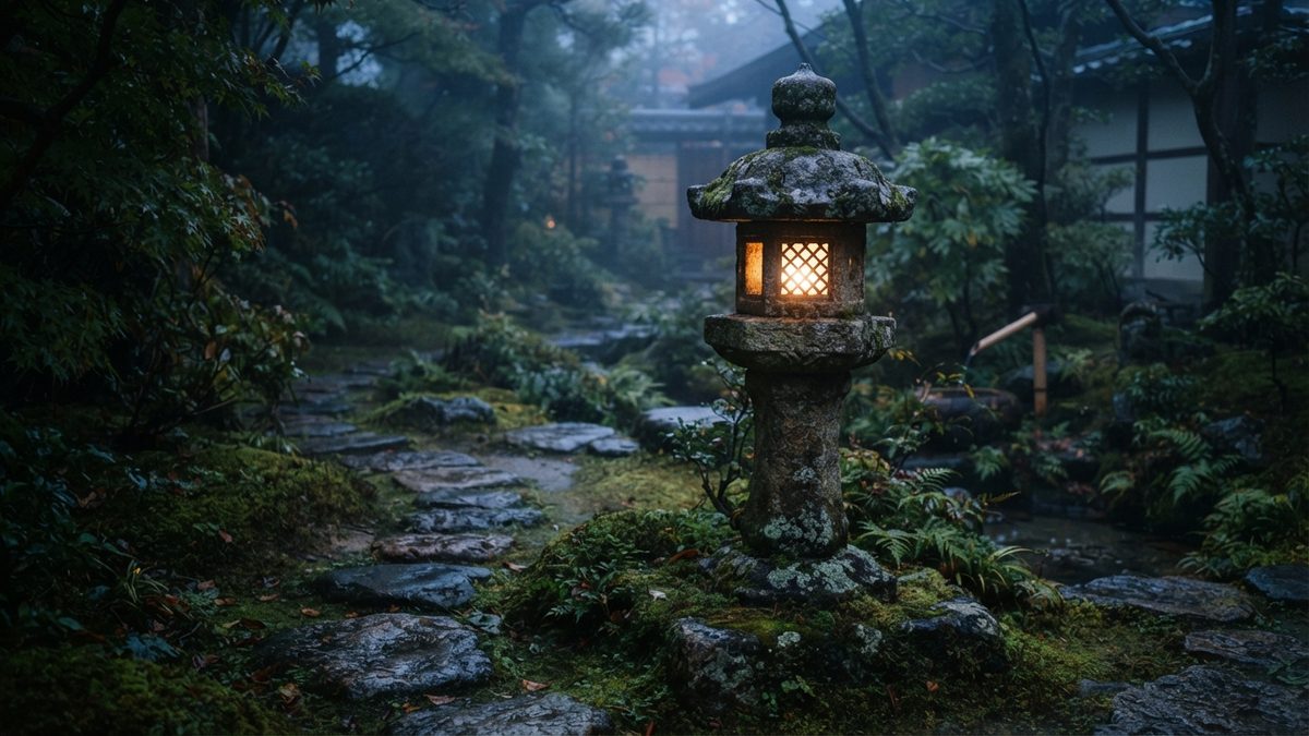 Lanterne de pierre japonaise allumee dans un jardin de temple au crepuscule pour Obon