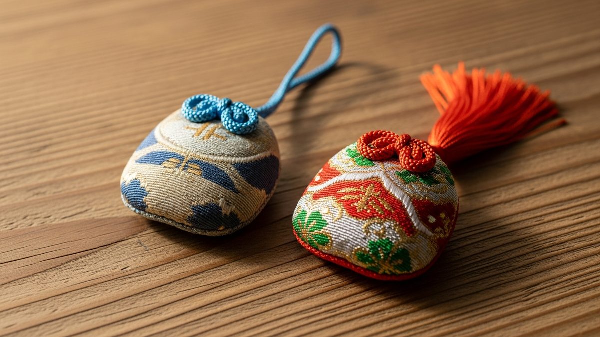 Ancien omamori usé à côté d un nouvel omamori frais, concept de renouvellement