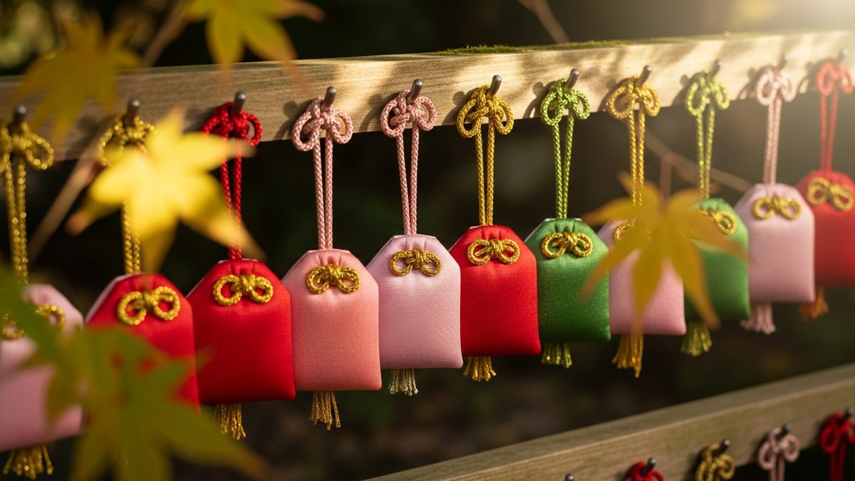 Omamori japonais colorés accrochés à la porte d'un sanctuaire, soie rouge et verte avec lacet doré