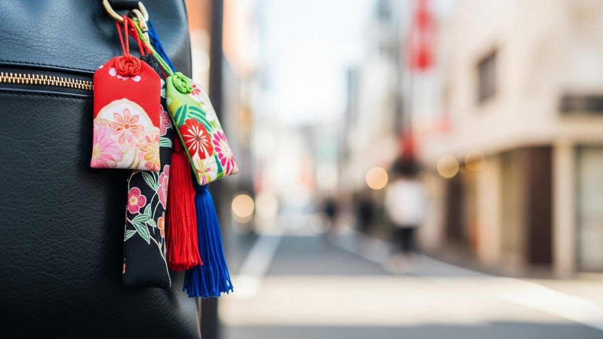 Omamori japonais modernes accrochés à un sac comme accessoires de mode