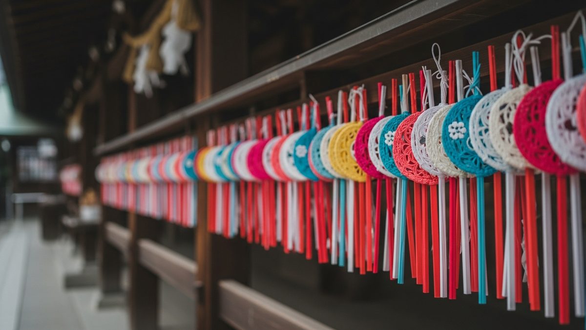 Omamori japonais colorés suspendus dans un sanctuaire shinto