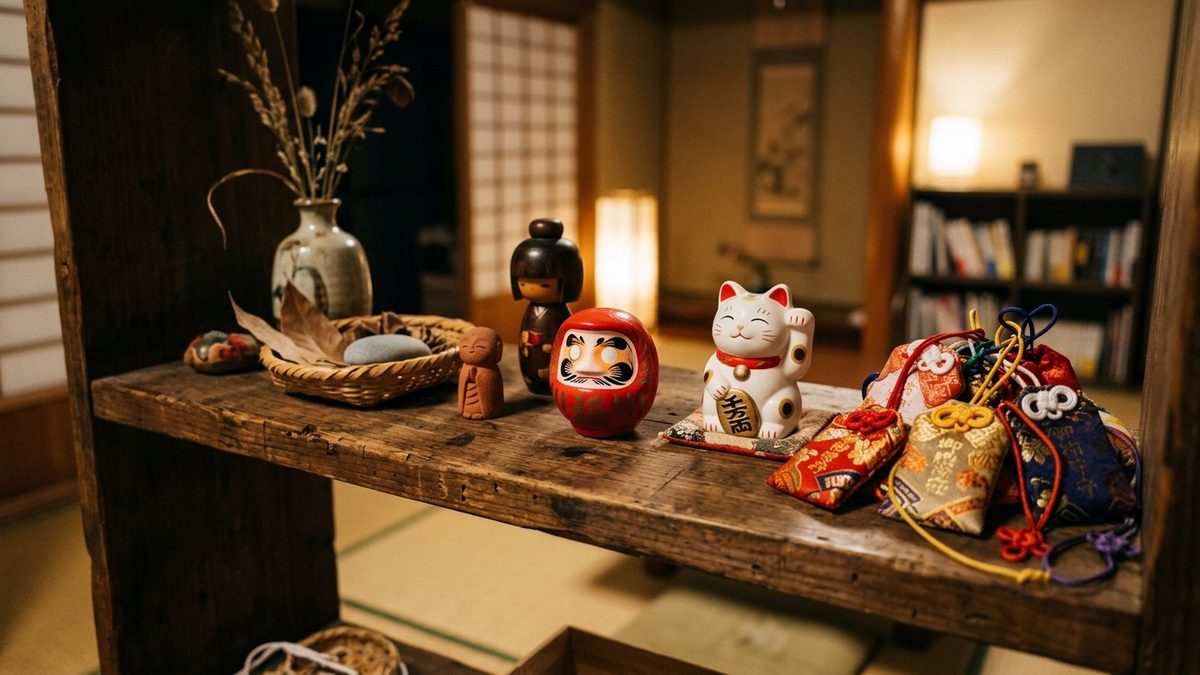 Étagère japonaise réunissant les porte-bonheur traditionnels du Japon