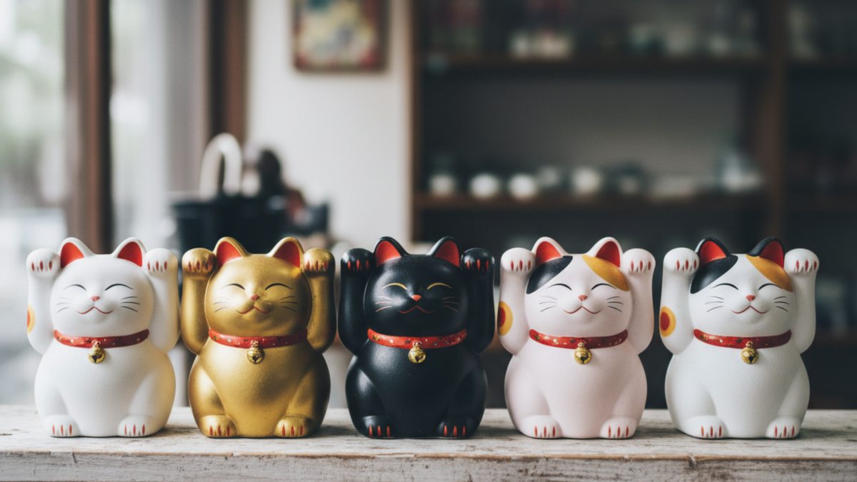 Différents Maneki Neko colorés pour choisir le bon chat porte-bonheur