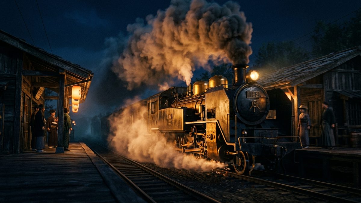 Train à vapeur japonais de nuit à l’époque Taisho, décor du bento de Rengoku