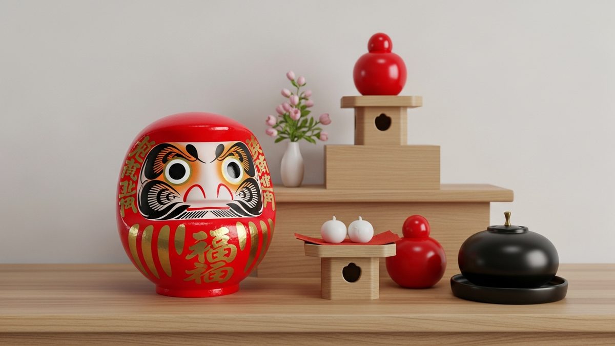 Daruma rouge avec un oeil peint pose sur un autel japonais traditionnel