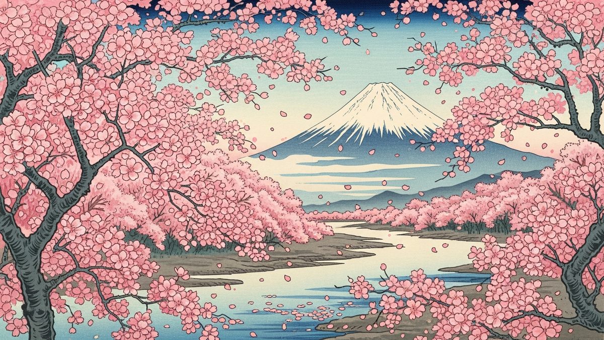 Cerisiers japonais dans le style ukiyo-e, estampe de sakura avec Mont Fuji en arrière-plan