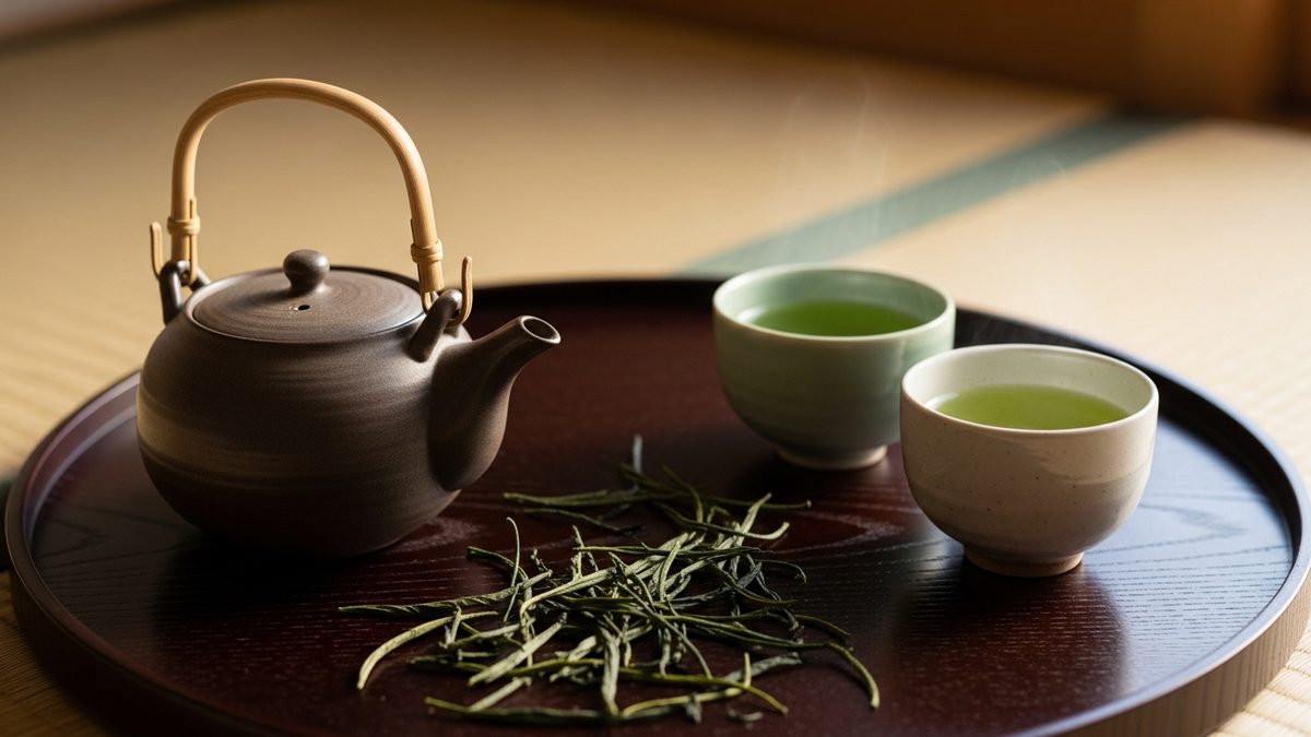Préparation sencha japonais avec kyusu en céramique tasses yunomi et feuilles de thé vert sur plateau en bois