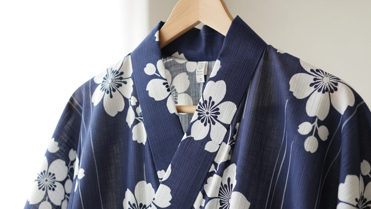 Yukata japonais traditionnel sur cintre en bois, coton indigo motifs floraux, guide pour choisir son kimono d'été