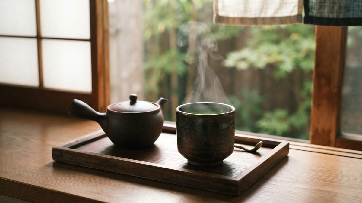 Yunomi fumant de the vert sur un plateau en bois avec theiere kyusu