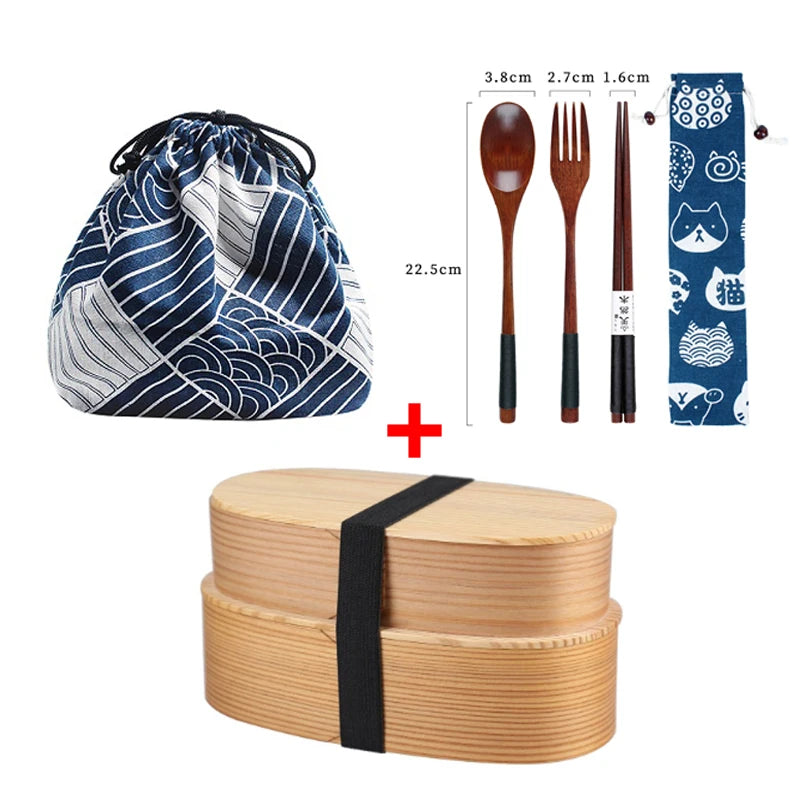 Coffret bento double étage en bois clair avec boîte, couverts, étui à chat et sac de transport bleu Kinchaku