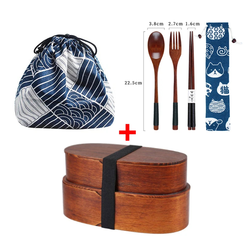 Coffret bento double étage en bois sombre avec boîte, couverts, étui et grand sac de transport à motifs