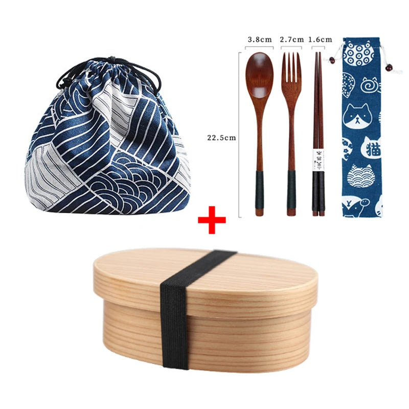 Coffret bento simple étage en bois clair avec kit couverts, étui à chat et sac Kinchaku à motifs de vagues