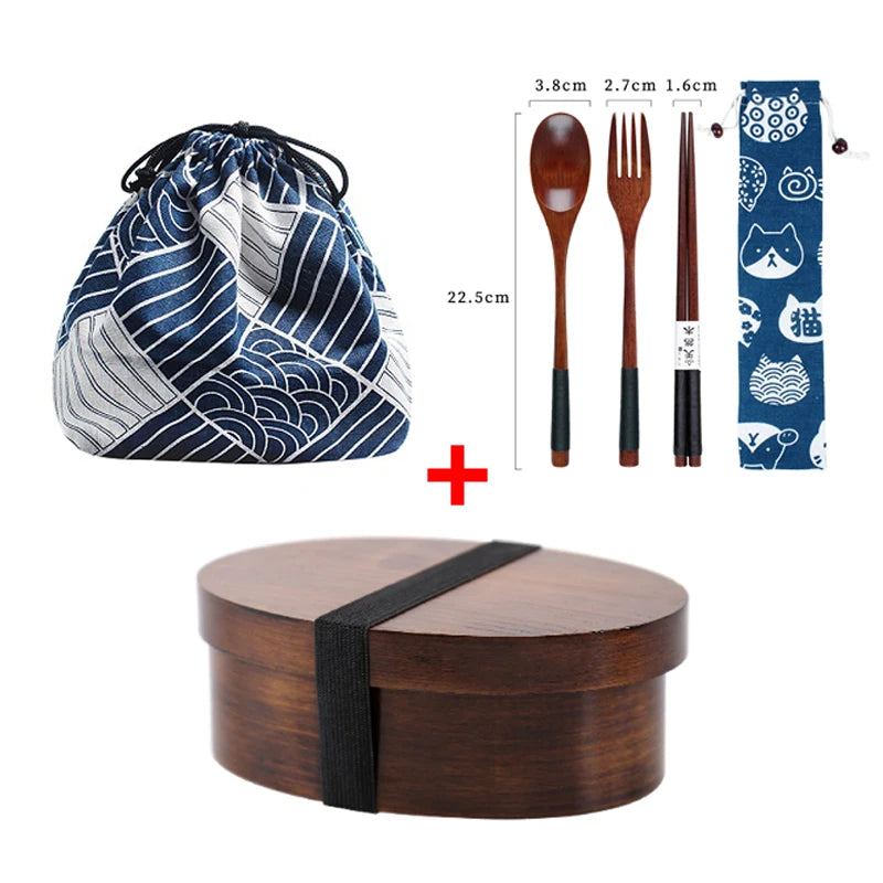 Coffret bento complet bois sombre simple étage avec couverts, étui à chat et sac de transport bleu à motifs vagues