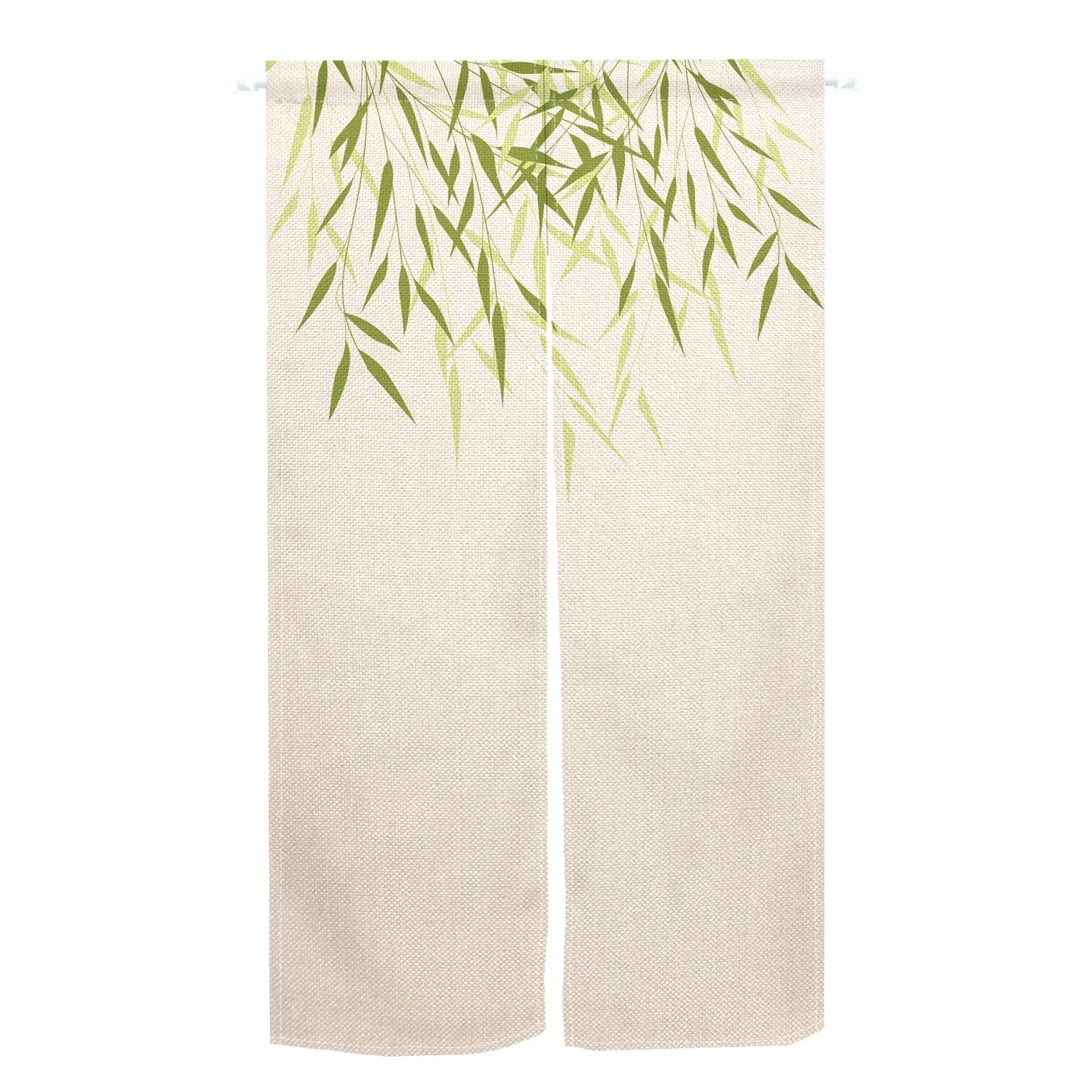 Noren japonais bambou, feuilles vert clair retombant du haut des deux panneaux