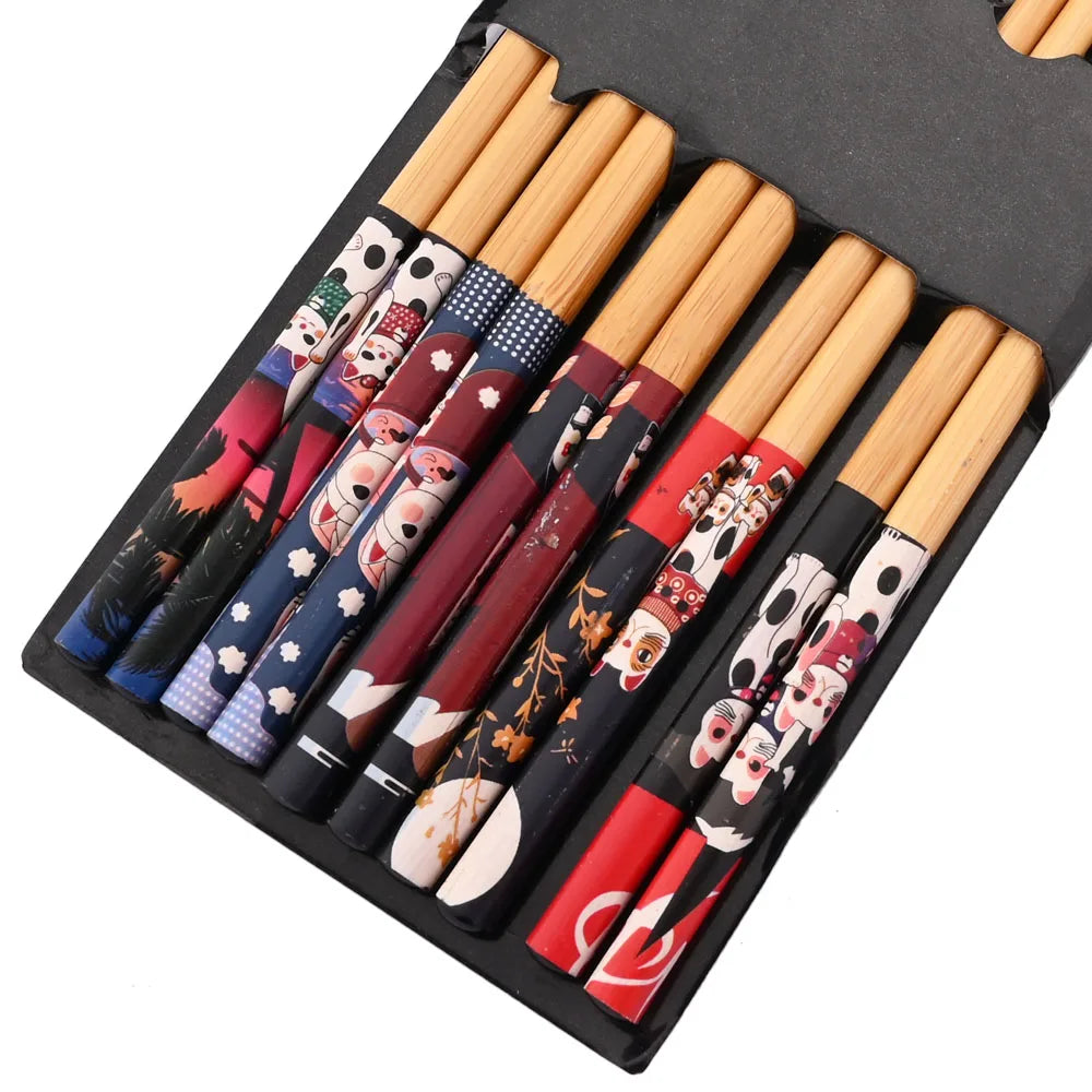 Set de cinq paires de baguettes japonaises en bambou à motifs, vue 12