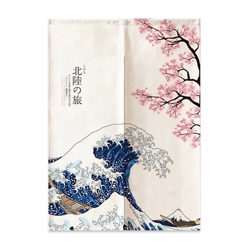 Noren japonais Grande Vague écru avec branche de cerisier et inscription Voyage à Hokuriku