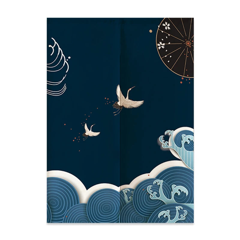 Noren japonais grues en vol sur fond bleu nuit, ombrelle wagasa et vagues bleues