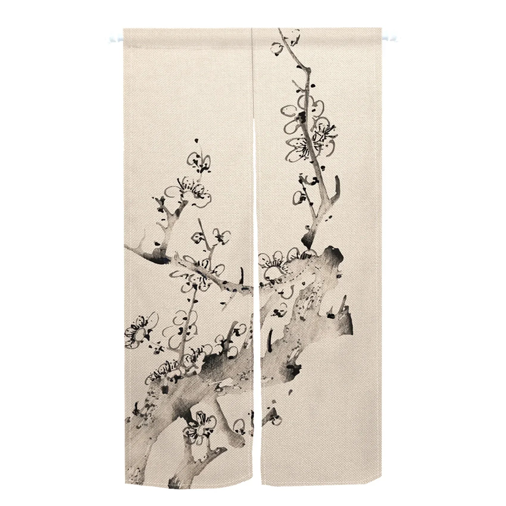 Noren japonais encre, branche de prunier en fleurs peinte en lavis gris et noir