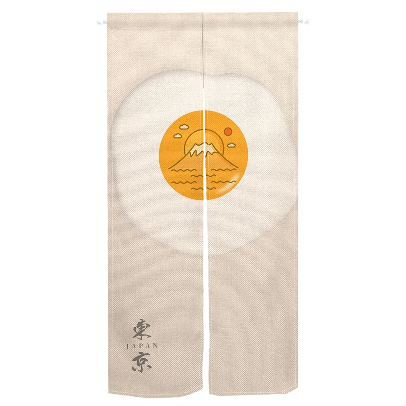 Noren japonais court beige, motif mont Fuji et soleil dans un médaillon orange