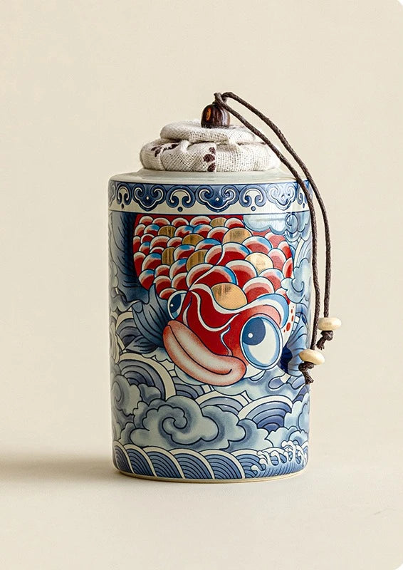 Boîte à thé japonaise carpe koï avec couvercle en tissu blanc et cordelette