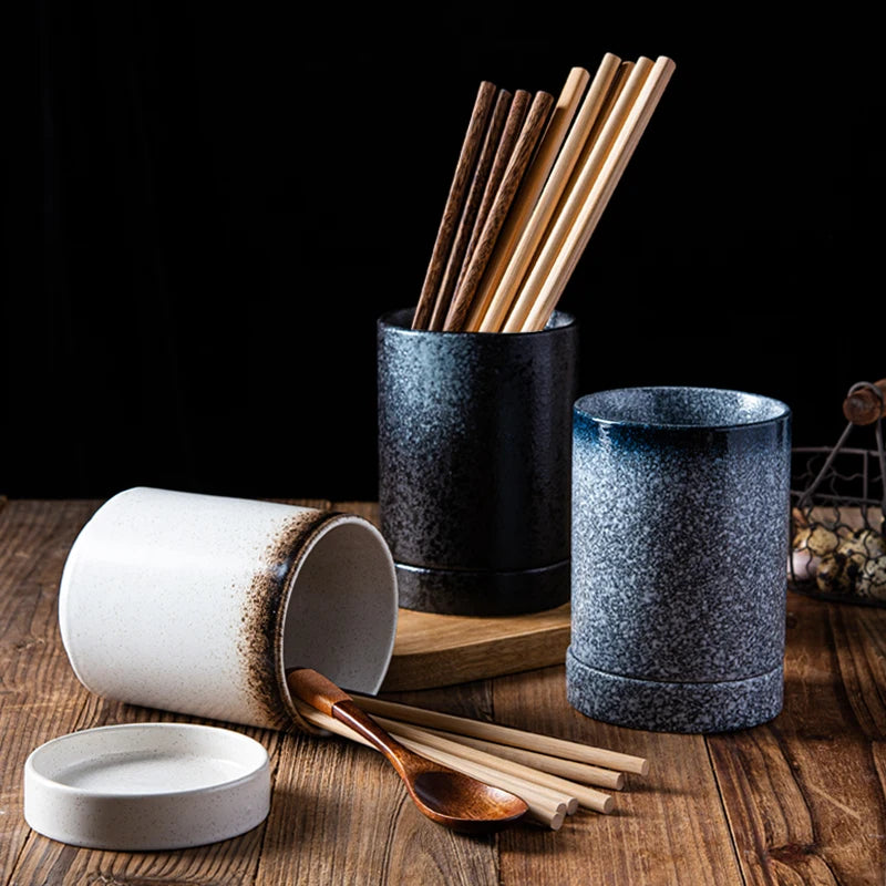 Pots à ustensiles japonais avec socle égouttoir amovible et cuillères en bois