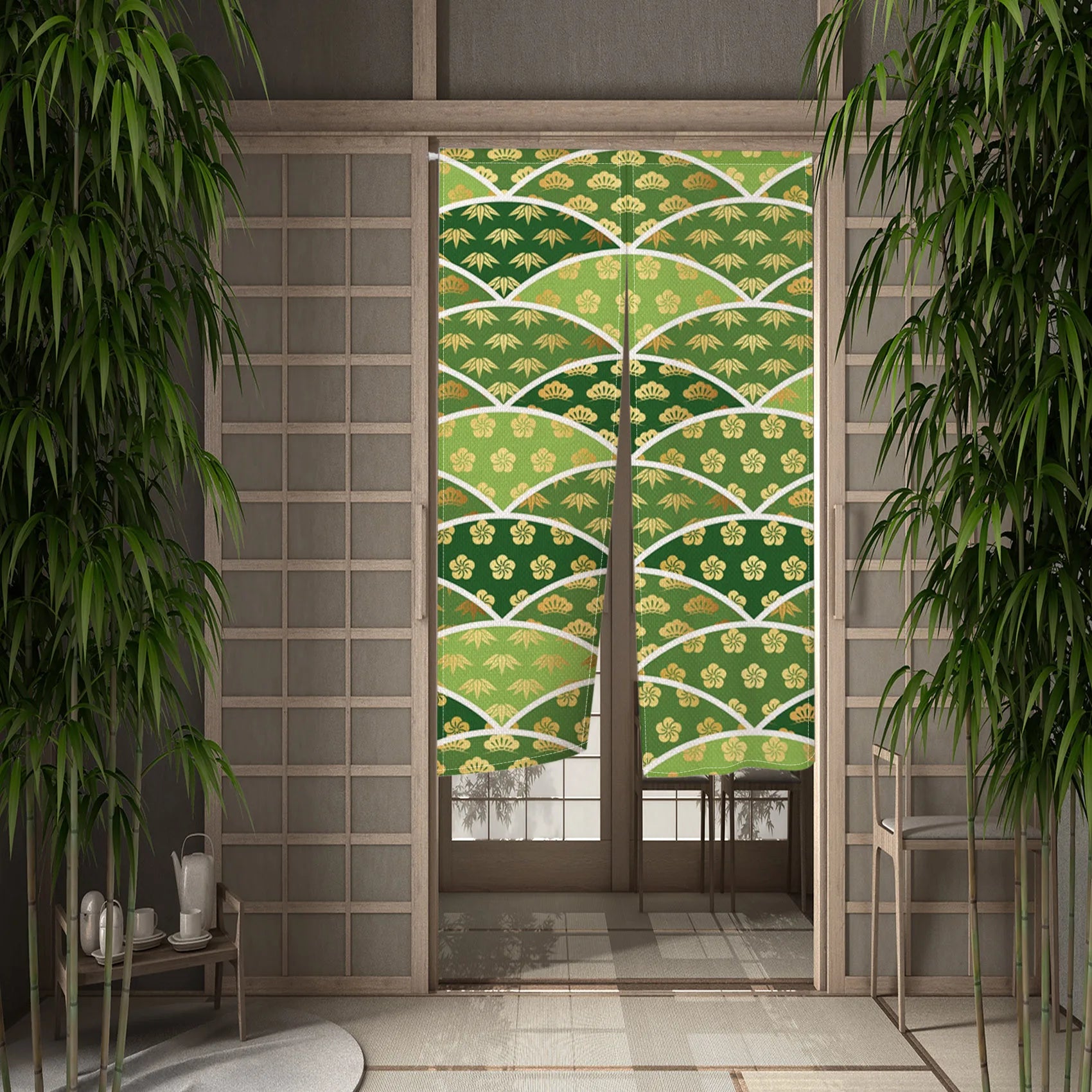 Noren japonais vert à écailles seigaiha et motifs dorés, rideau de porte